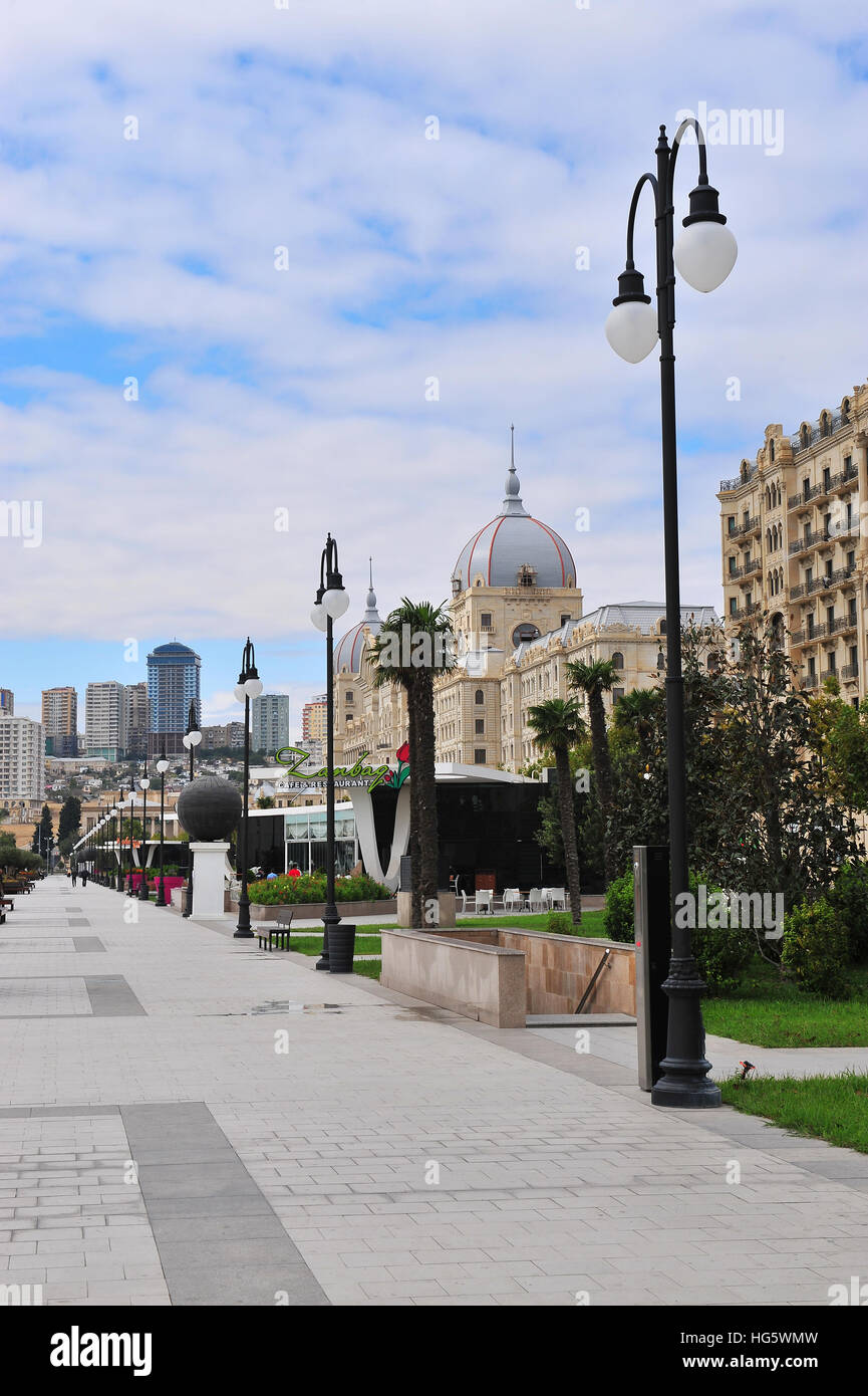 BAKU, AZERBAIJAN - SEPTEMBER 26: Boulevard in Fizuli street, Baku on September 26, 2016. Baku is a capital and largest city of Azerbaijan. Stock Photo