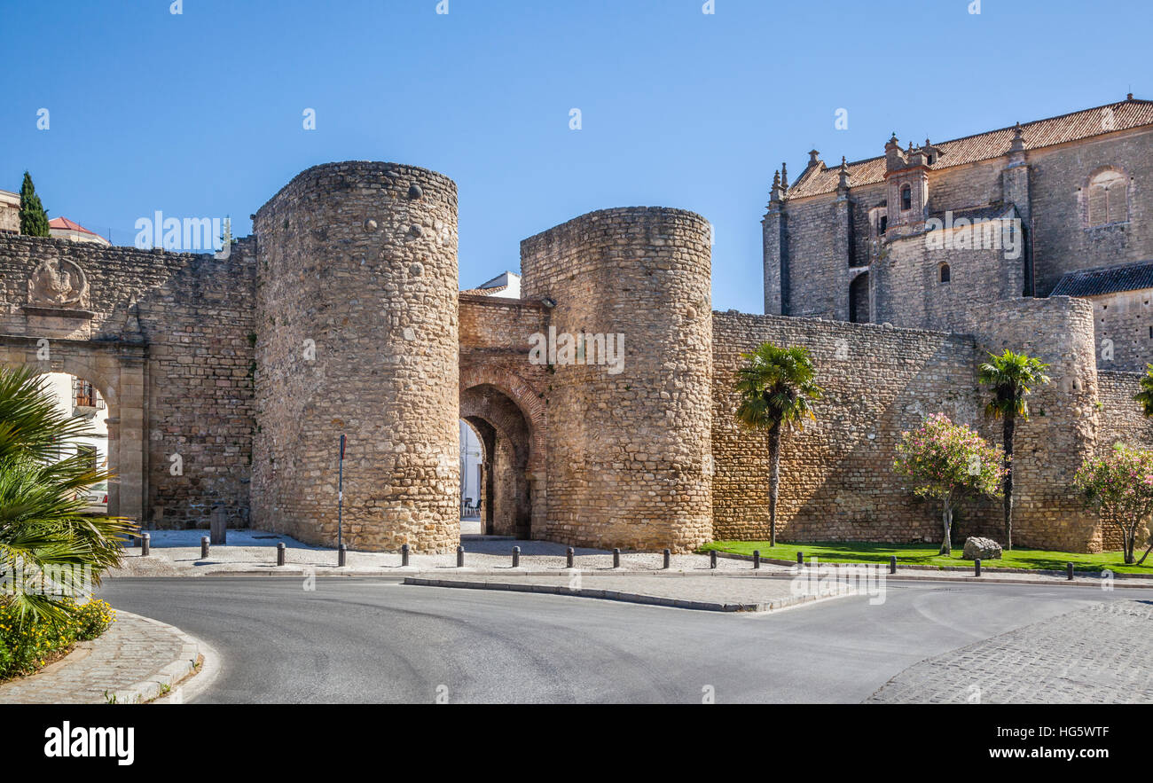 Spain, Andalusia, Province of Malaga, Ronda, city walls and Gateway of Almocabar (Puerta de Almocabar) Stock Photo