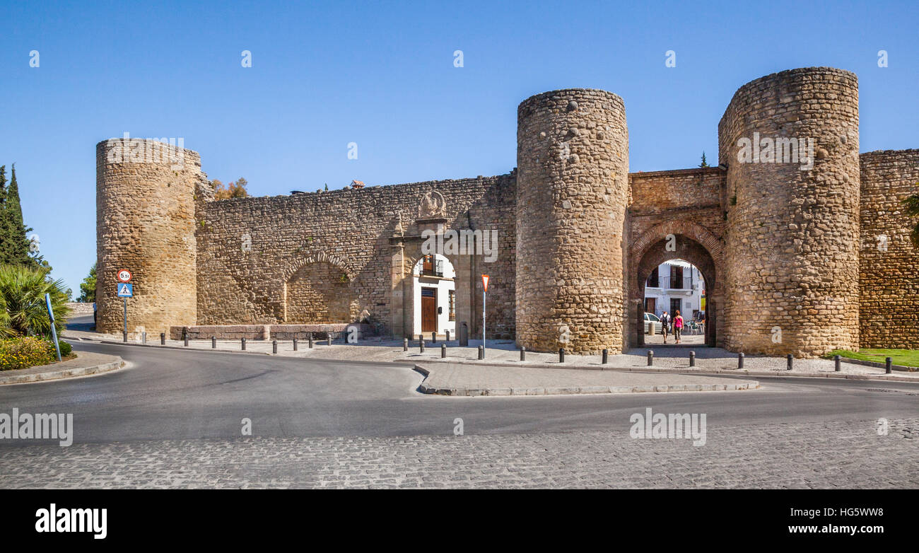 Spain, Andalusia, Province of Malaga, Ronda, city walls and Gateway of Almocabar (Puerta de Almocabar) Stock Photo
