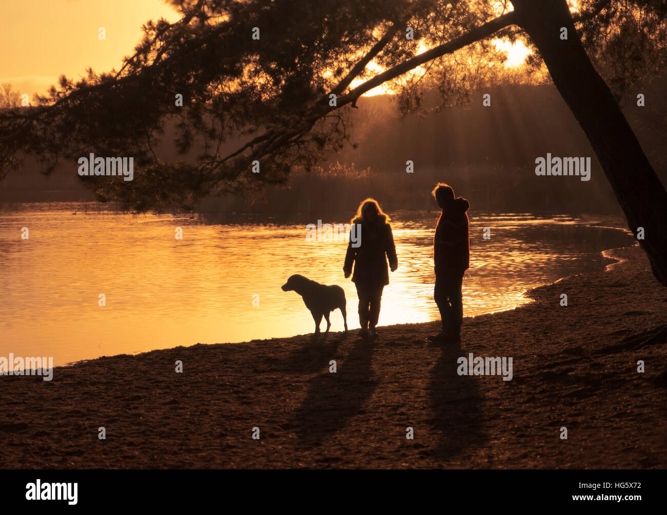Couple walking their dog beside a lake. Stock Photo