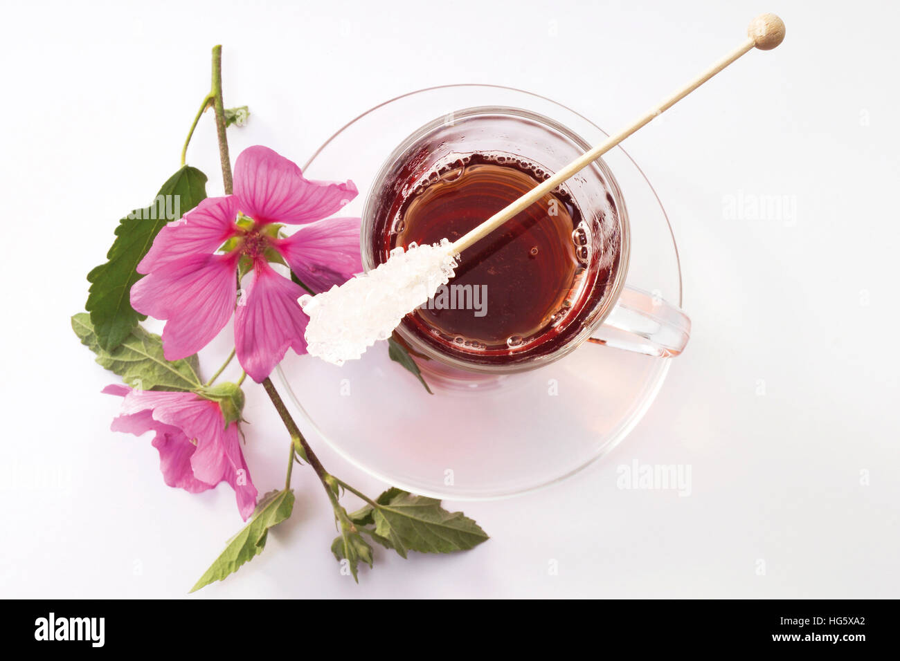 Mallow tea garnished with rock candy and mallow blossoms Stock Photo