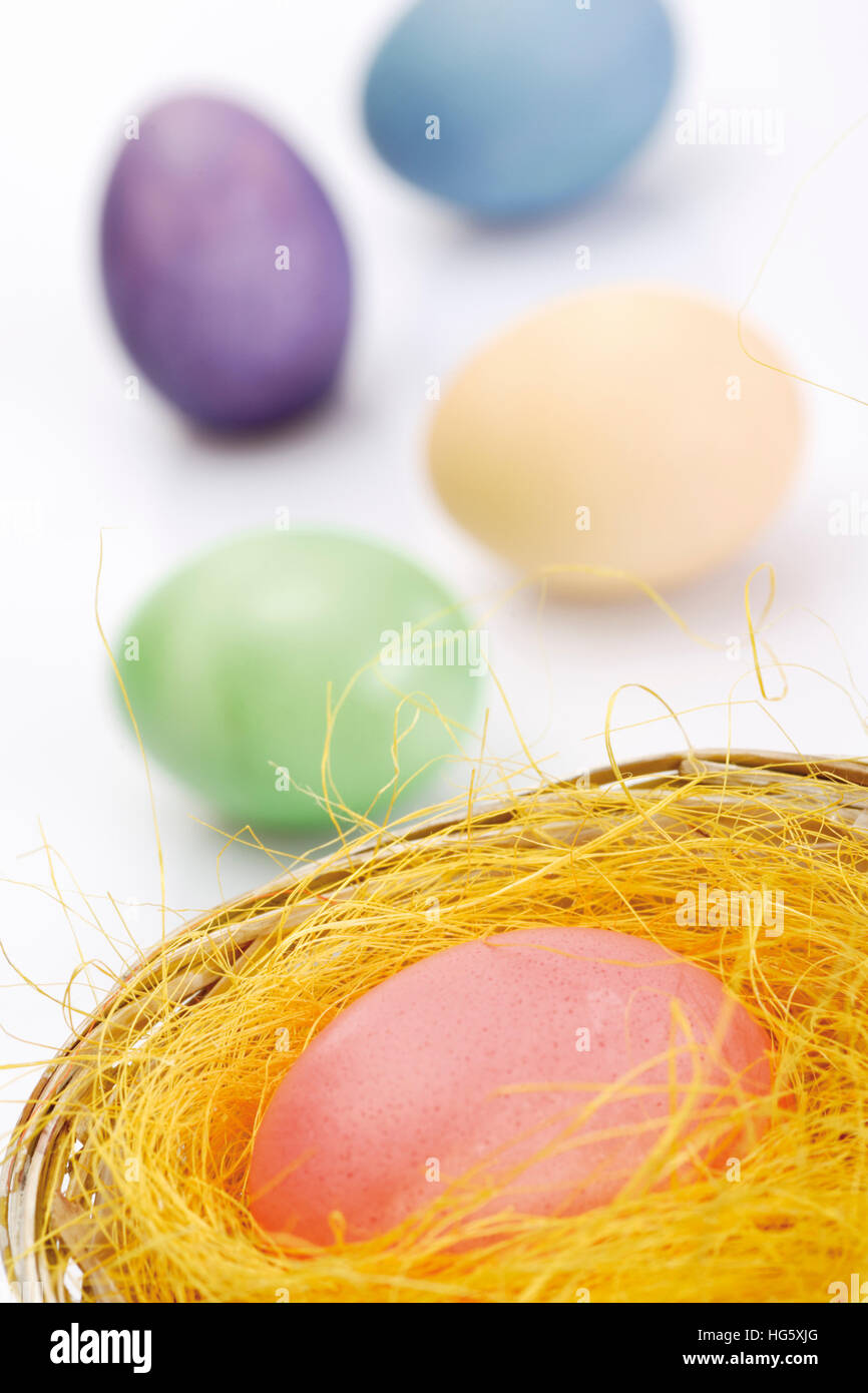 Pastel-coloured Easter eggs, nest Stock Photo - Alamy