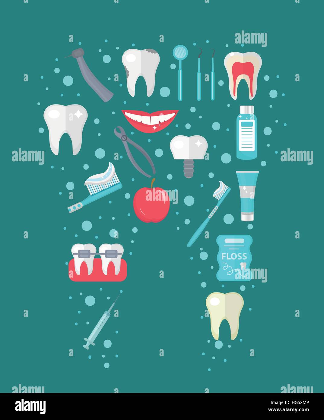 Dental icon set in tooth form, flat style. Stomatology kit .Dentistry collection of design elements. Vector illustration, clip art. Stock Vector