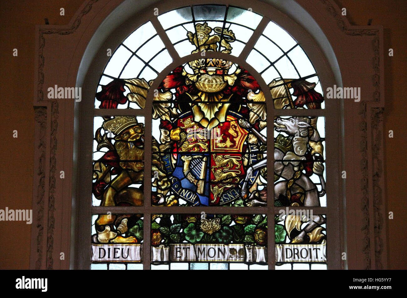 Royal Coat of Arms stained glass window in Belfast City Hall Stock
