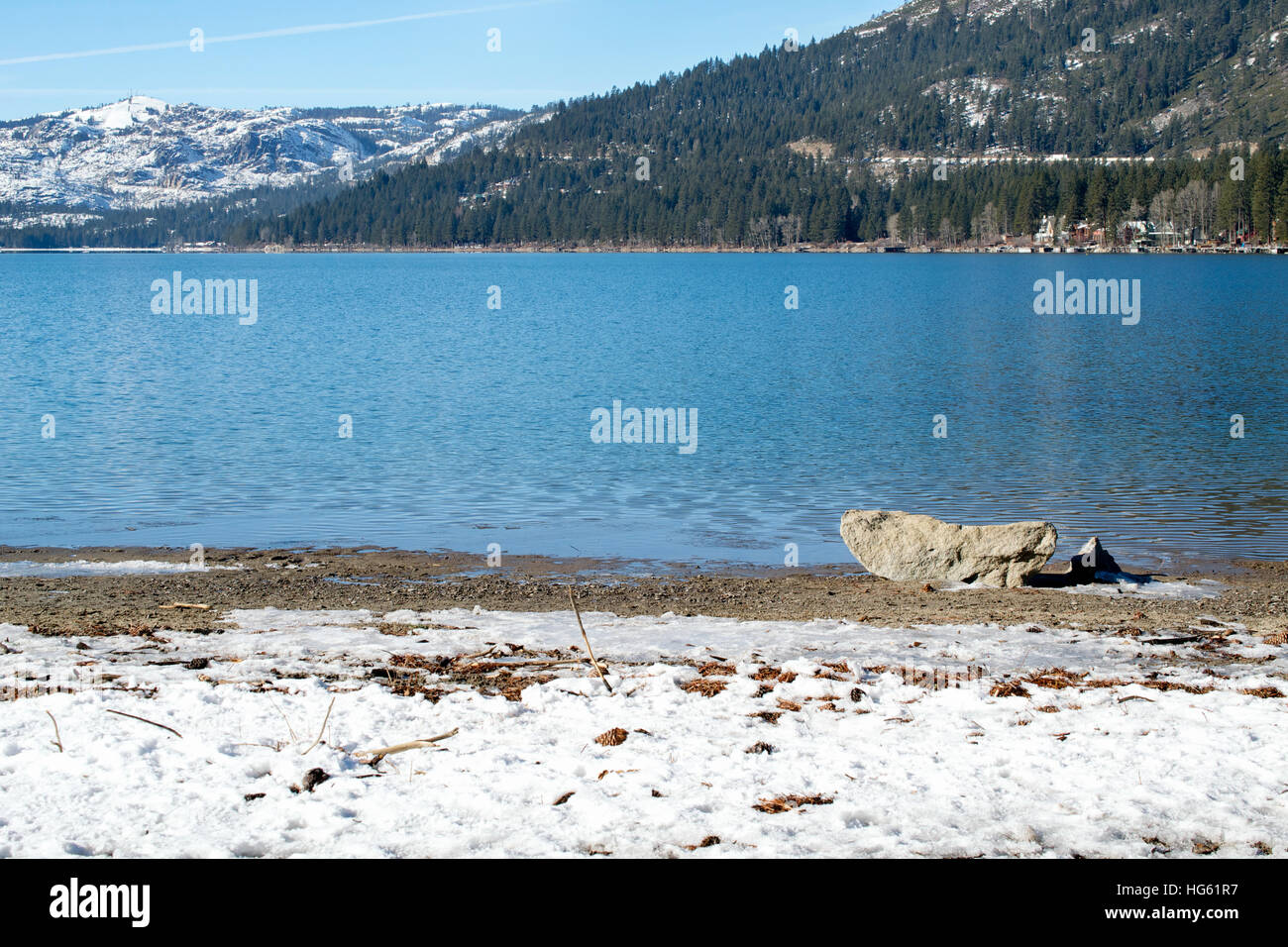 View of Donner Lake at Donner Memorial State Park, featuring mostly low snow packs in late