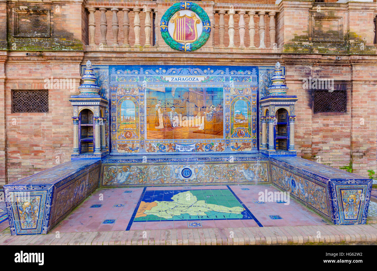 Glazed tiles bench of spanish province of Zaragoza at Plaza de Espana, Seville, Spain Stock Photo
