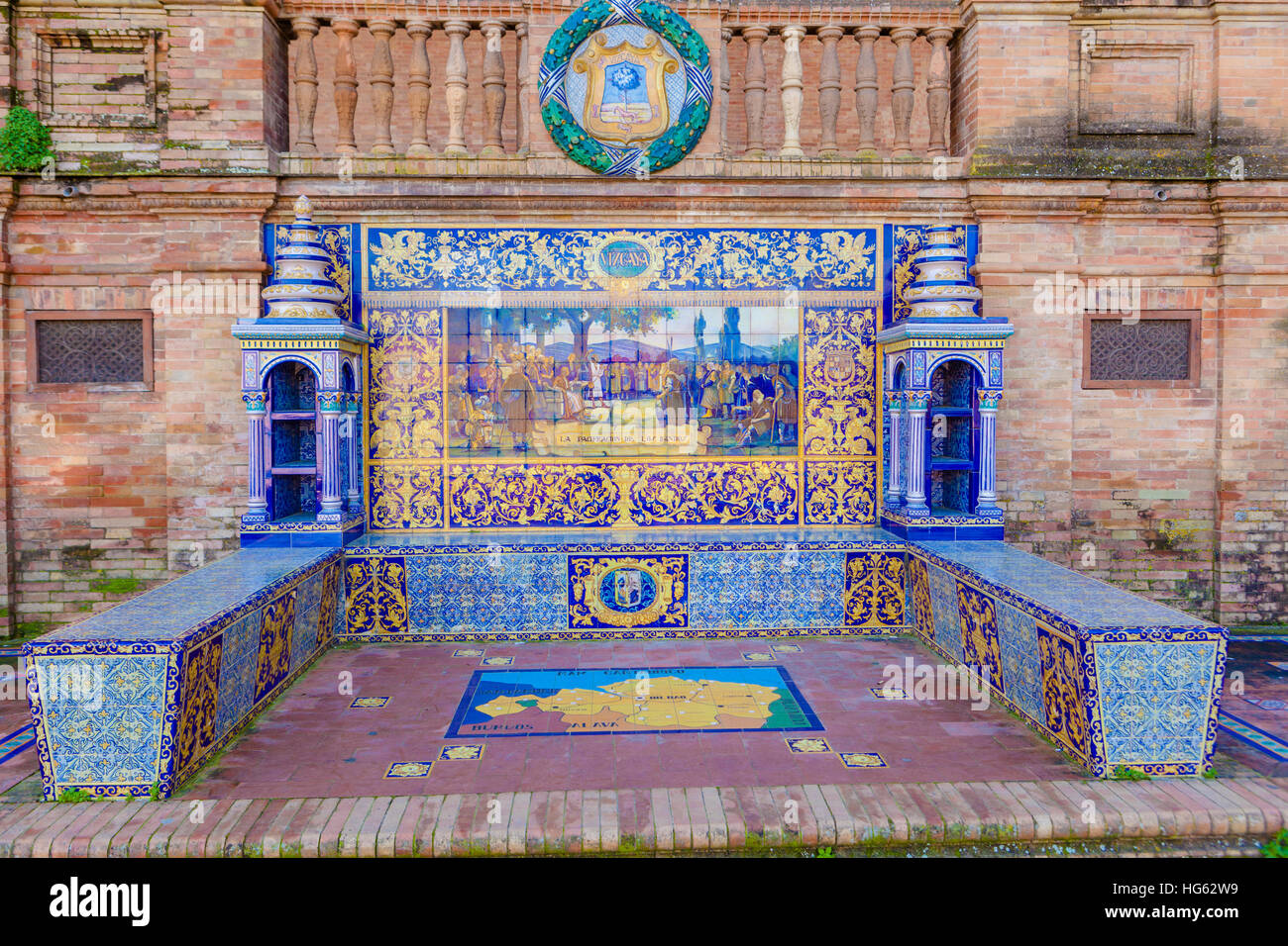 Glazed tiles bench of spanish province of Vizcaya at Plaza de Espana, Seville, Spain Stock Photo