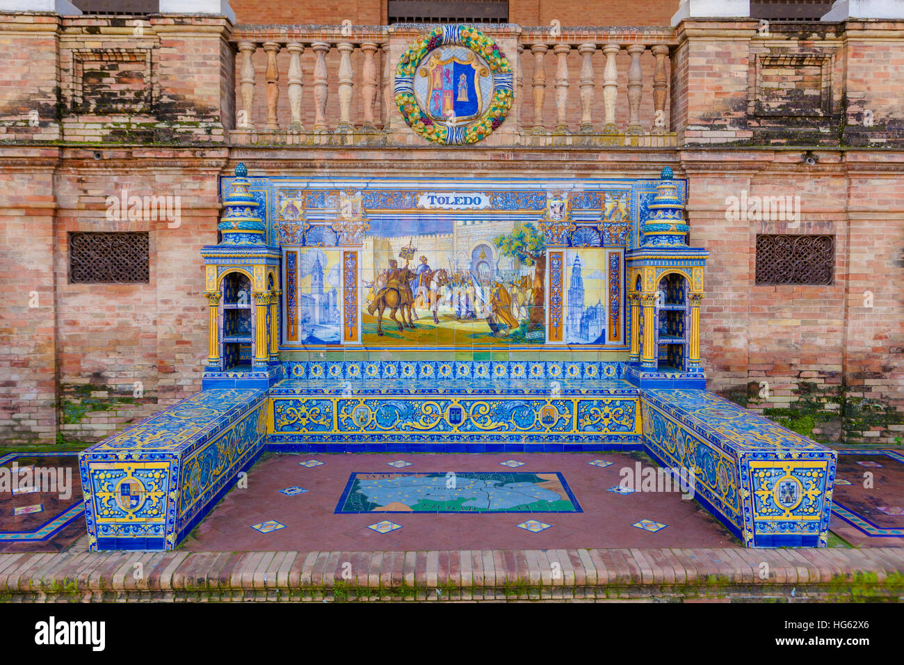 Glazed tiles bench of spanish province of Toledo at Plaza de Espana, Seville, Spain Stock Photo