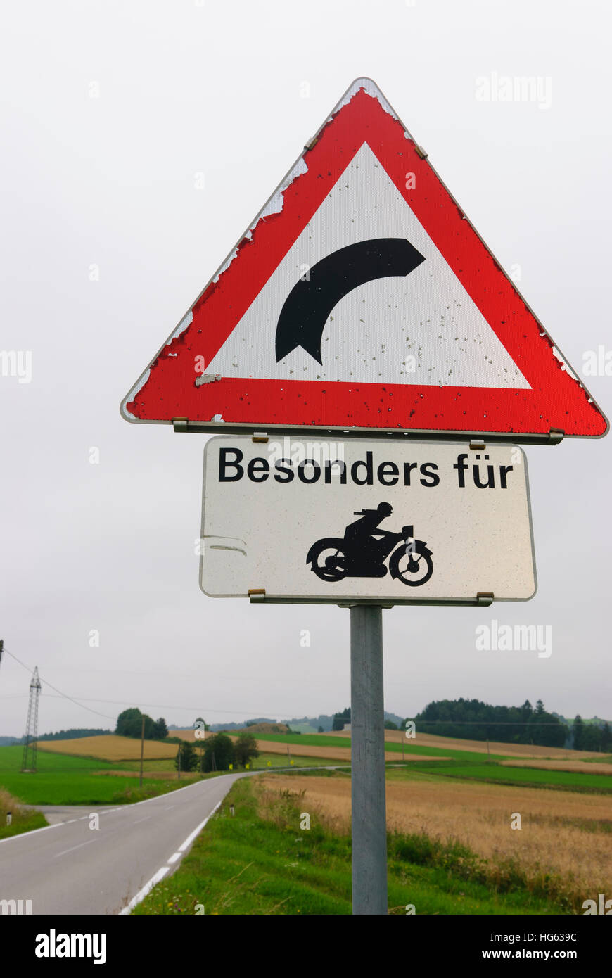 : Traffic signs Curvy road, , Niederösterreich, Lower Austria, Austria Stock Photo