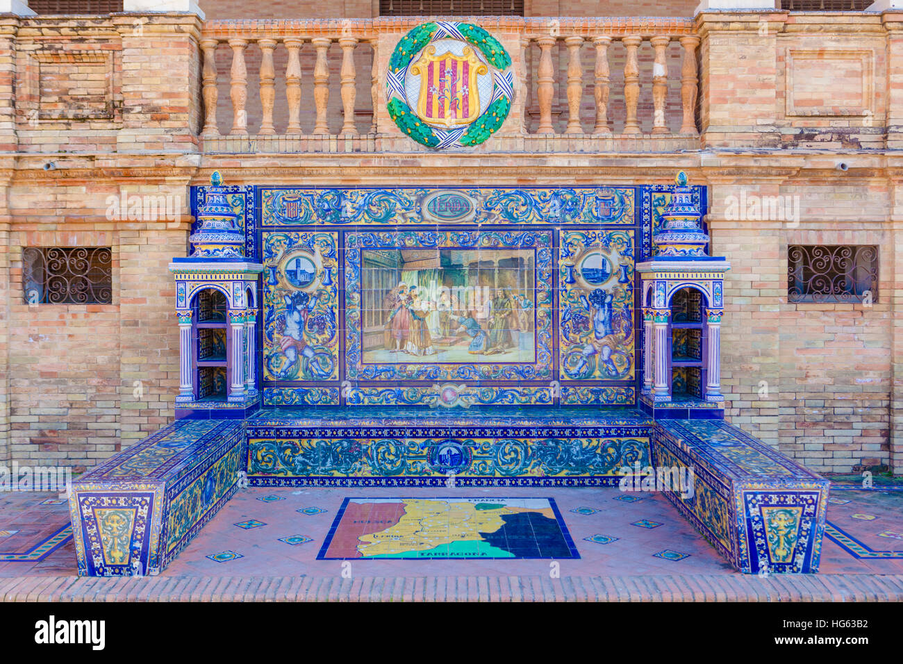 Glazed tiles bench of spanish province of Lerida at Plaza de Espana, Seville, Spain Stock Photo