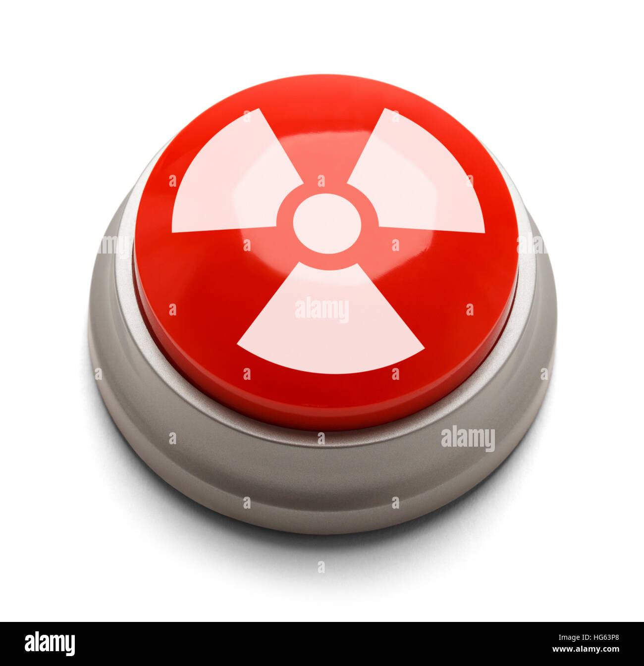 Red and White Nuke Button Isolated on White Background. Stock Photo