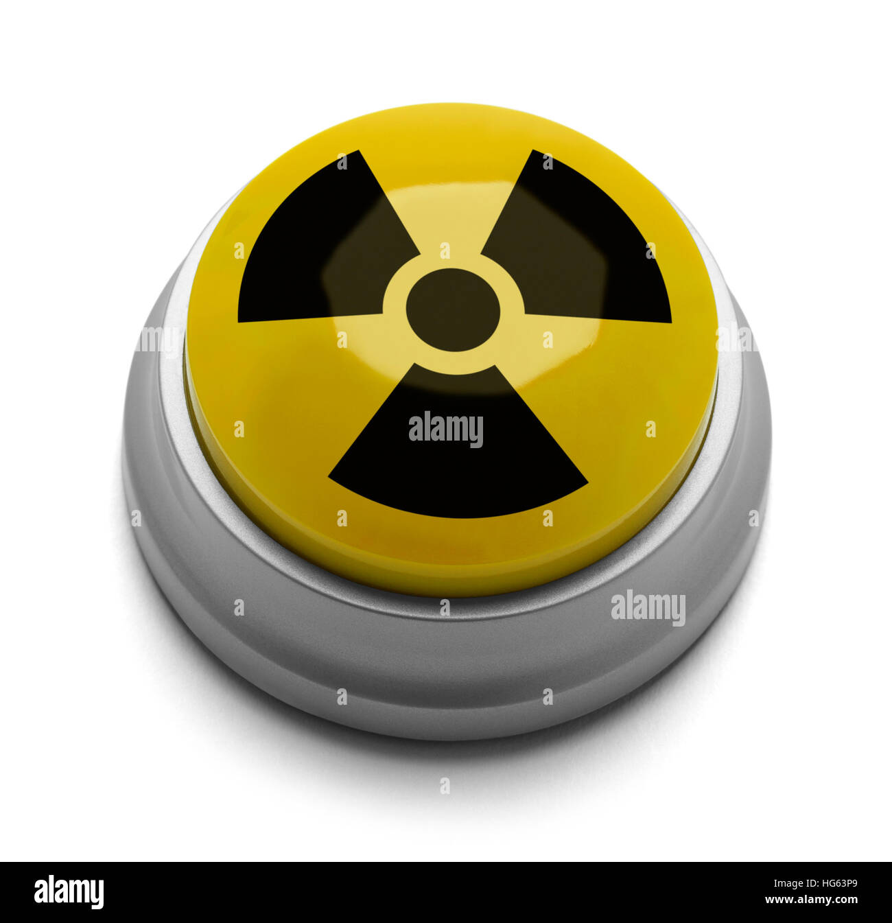 Yellow and Black Nuclear Button Isolated on White Background. Stock Photo