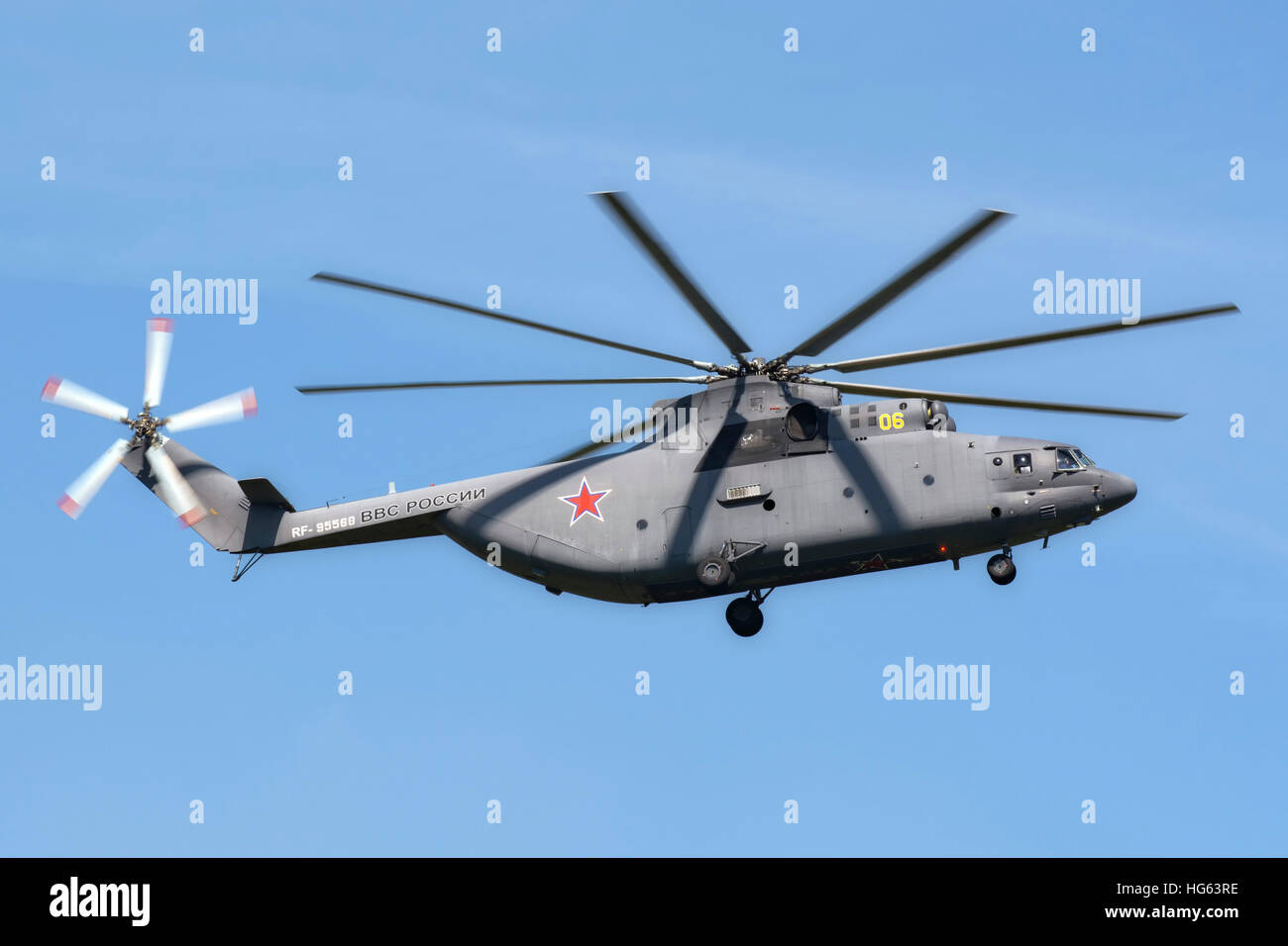 Russian Air Force Mi-26 in flight over Russia. Stock Photo