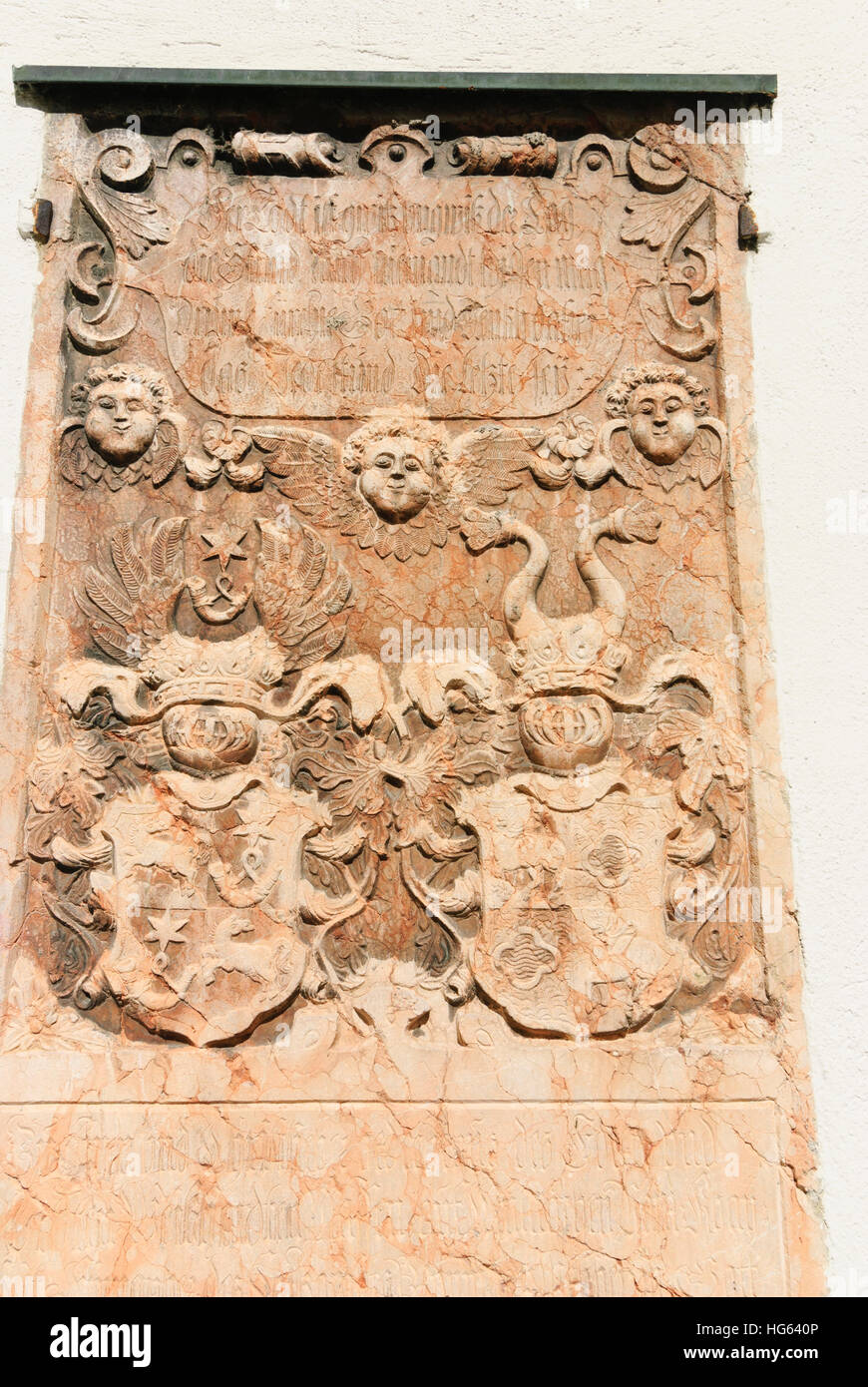 Gmunden: Grab plate in the side wall of the parish church, Salzkammergut, Oberösterreich, Upper Austria, Austria Stock Photo