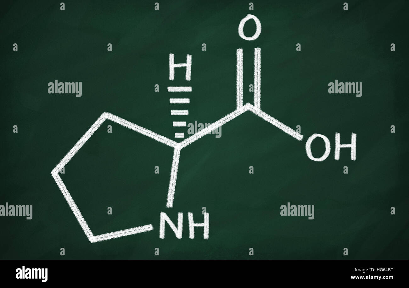 Structural model of Proline on the blackboard. Stock Photo