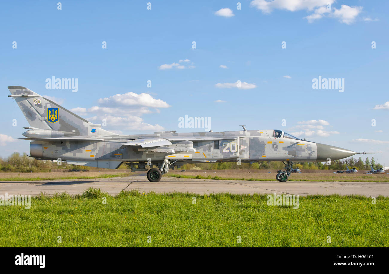 Ukrainian Air Force Su-24 at Lutsk Air Base, Ukraine. Stock Photo