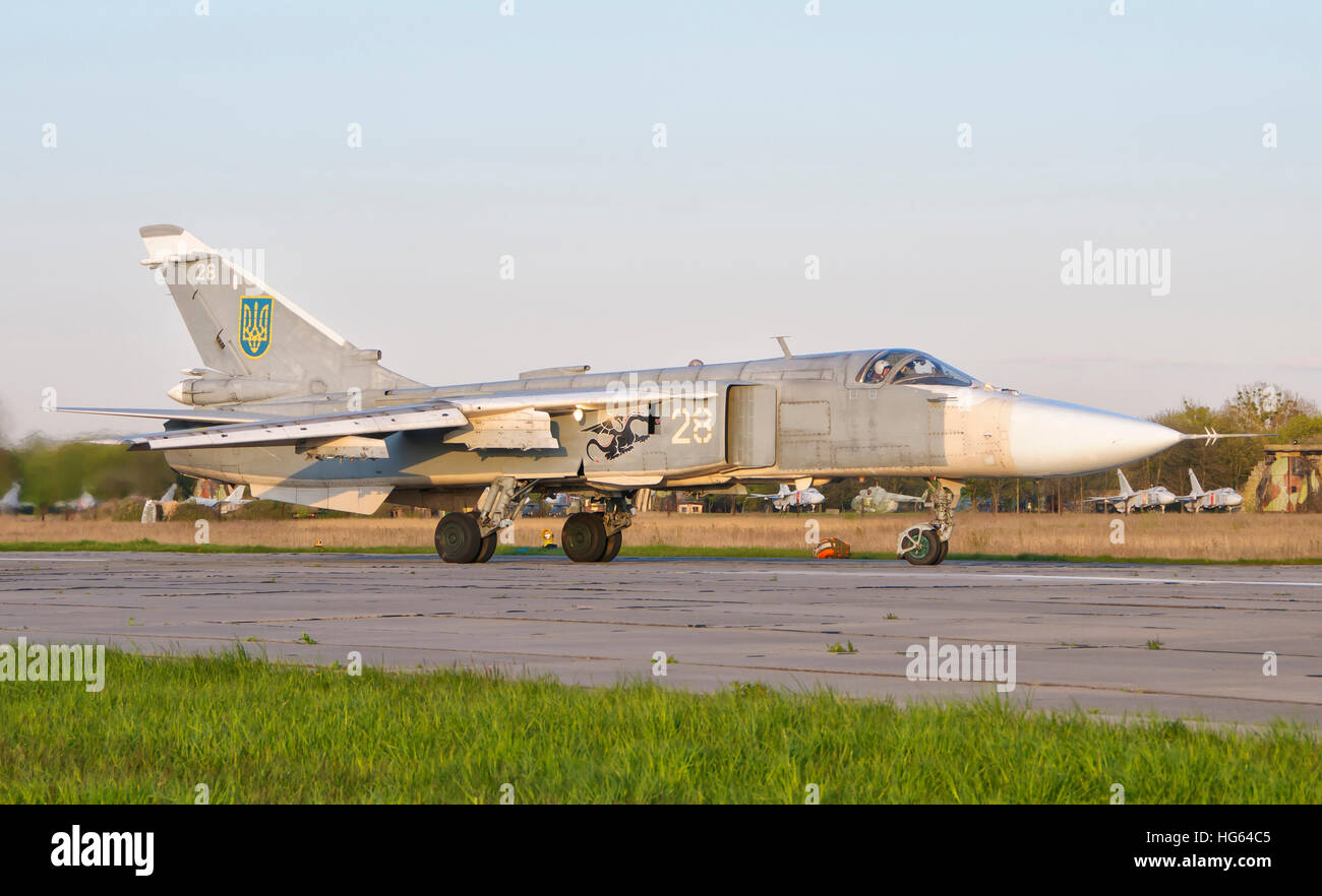 Ukrainian Air Force Su-24 at Lutsk Air Base, Ukraine. Stock Photo