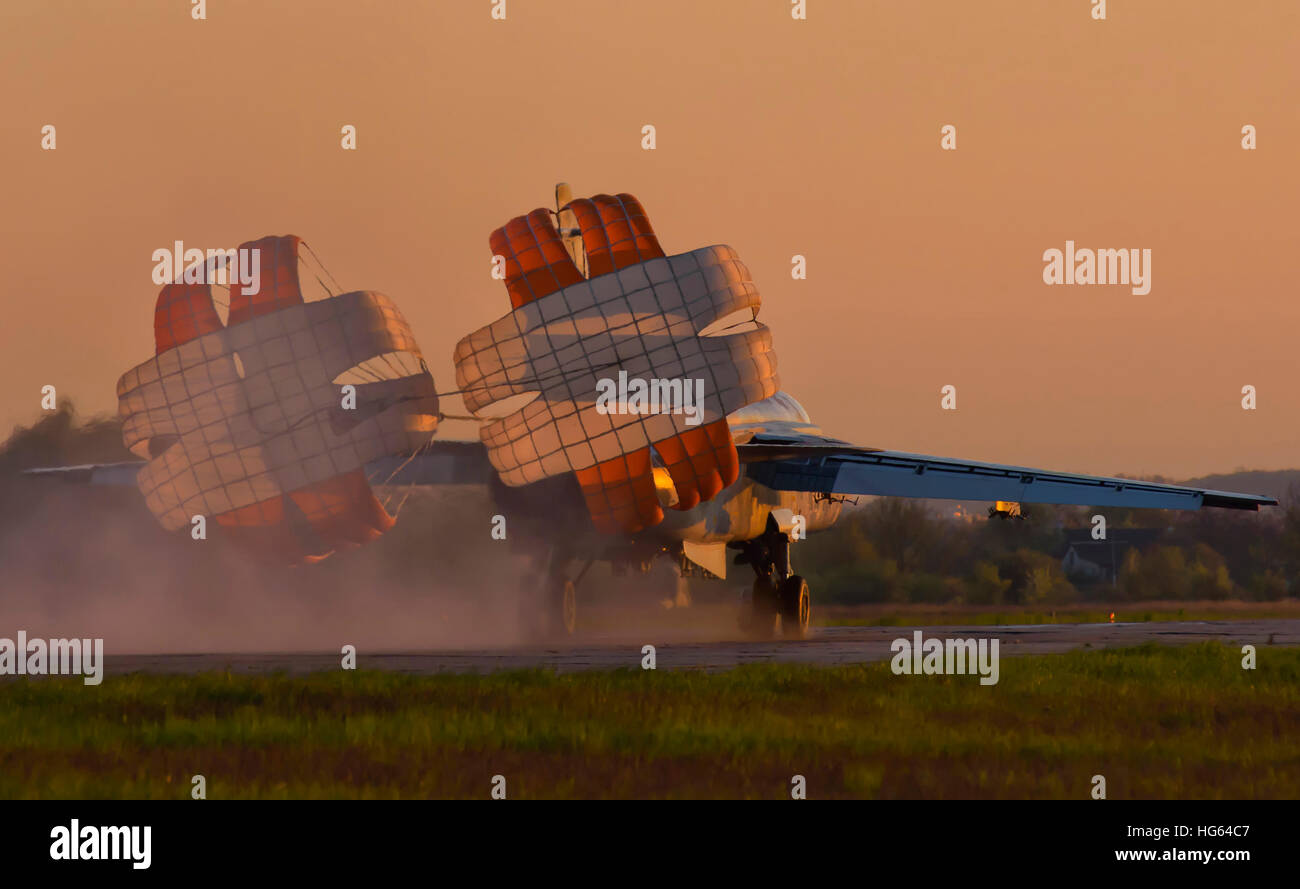 Ukrainian Air Force Su-24 deploys drag chute at Lutsk Air Base, Ukraine. Stock Photo
