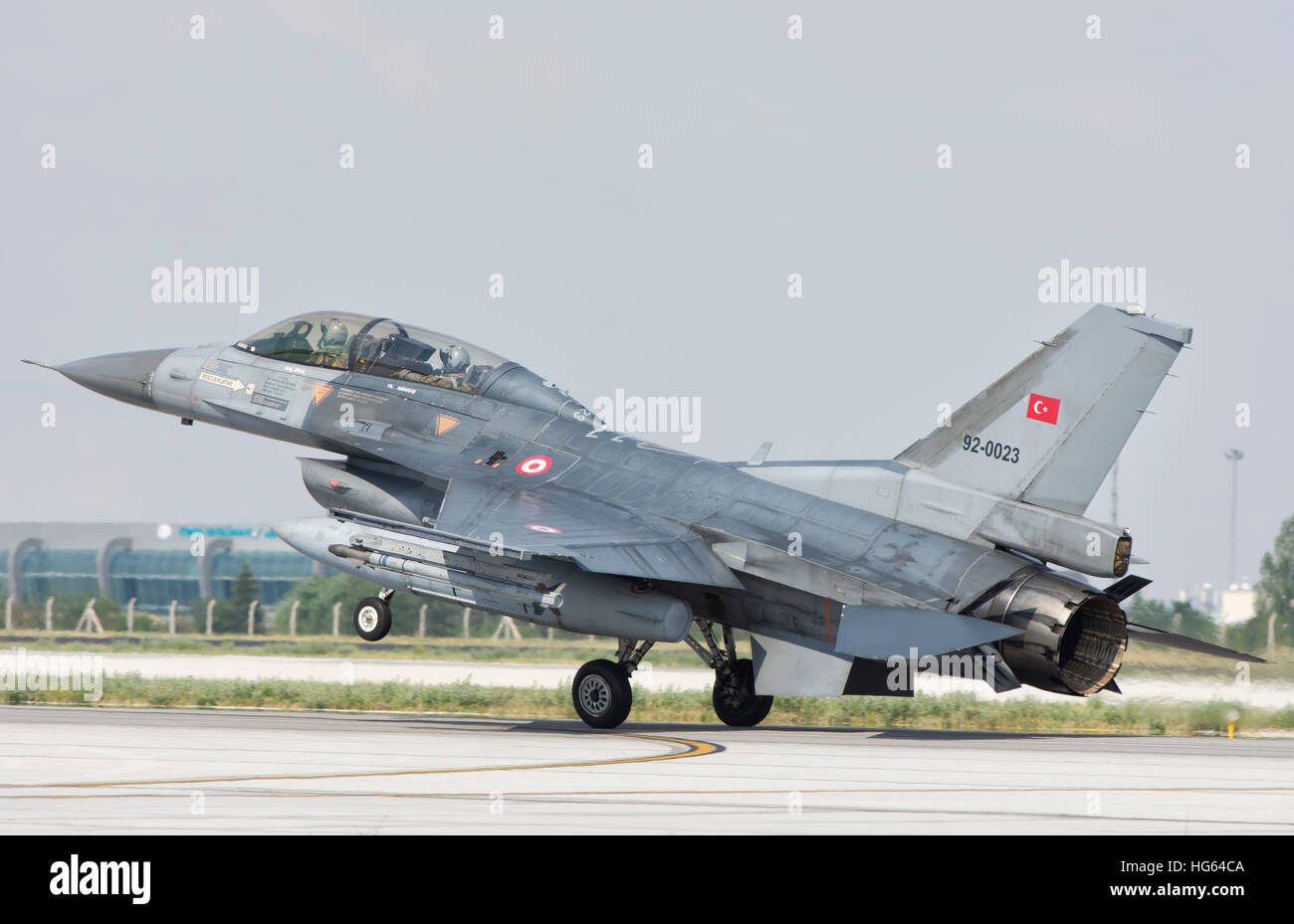 Turkish Air Force F-16 lands on runway in Konya, Turkey. Stock Photo