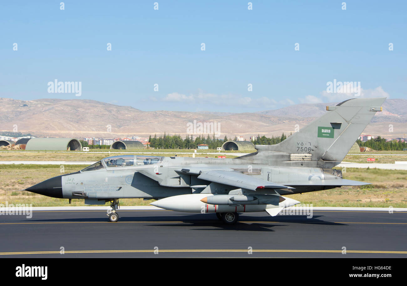 Royal Saudi Air Force Tornado IDS aircraft taxiing in Konya, Turkey. Stock Photo