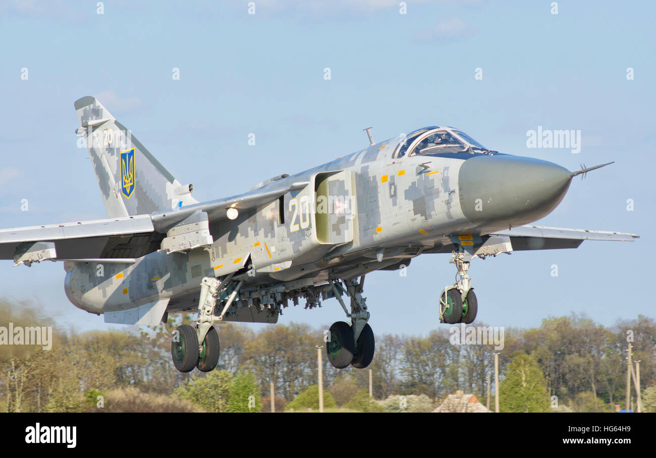 Ukrainian Air Force Su-24 aircraft landing at Lutsk Air Base Stock