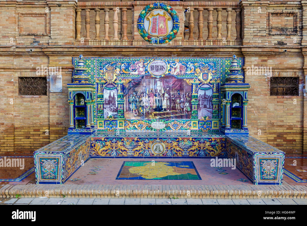 Glazed tiles bench of spanish province of Burgos at Plaza de Espana, Seville, Spain Stock Photo