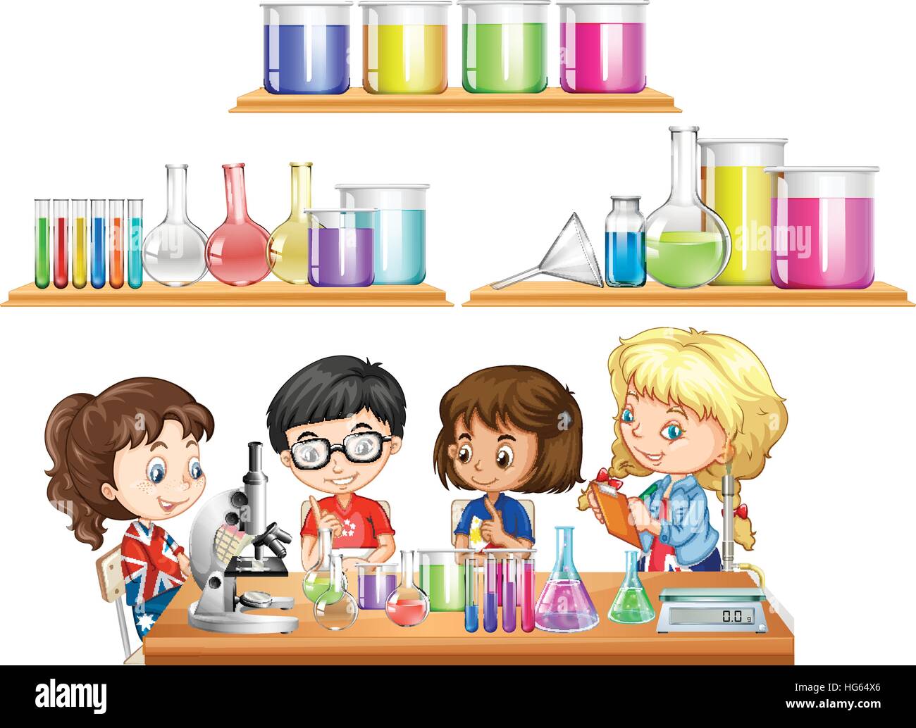 Kids doing science experiment and set of beakers illustration Stock Vector