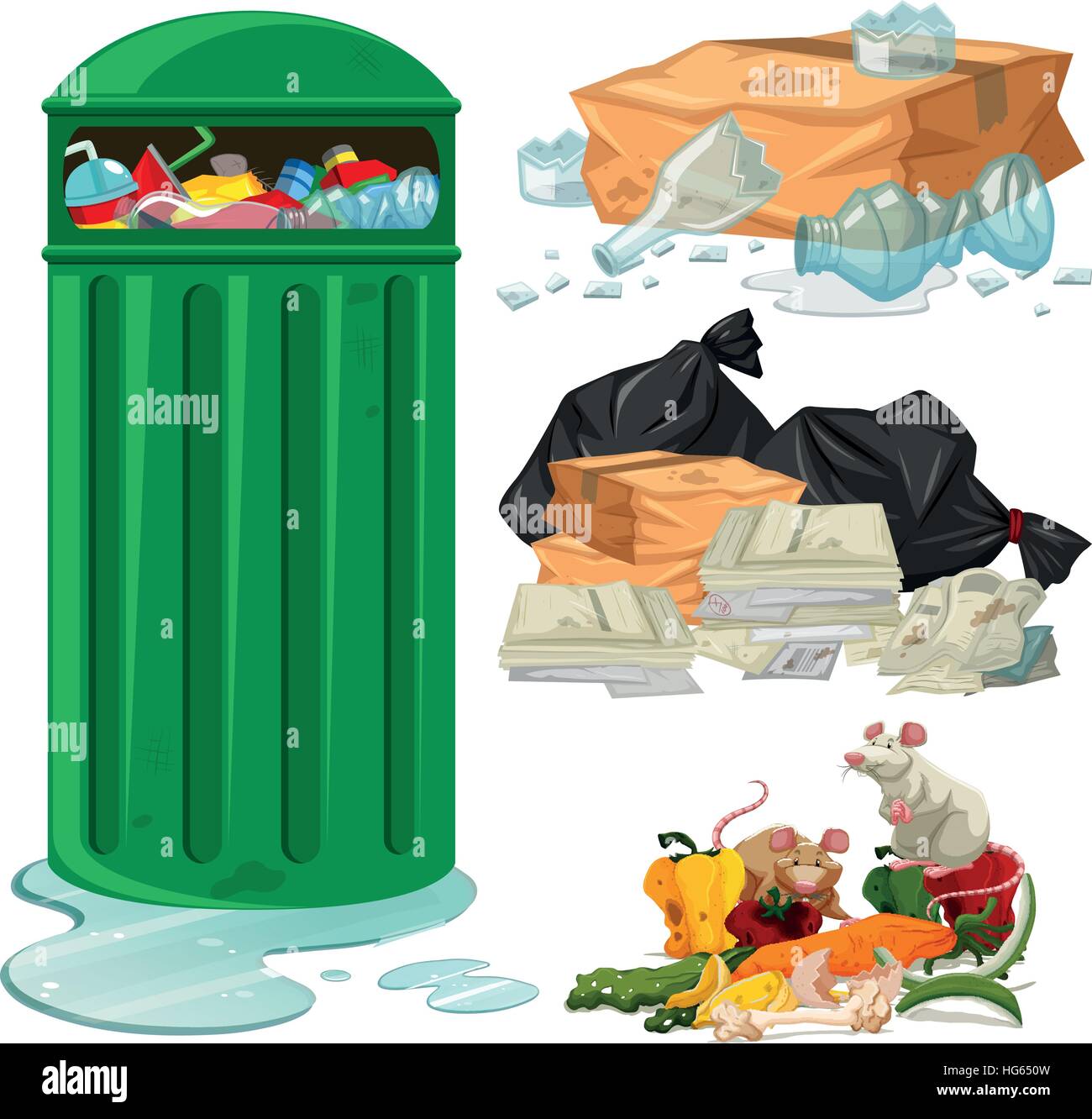 Trashcan and different types of trash illustration Stock Vector Image