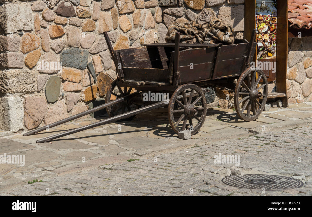 Old carriages in front of the restaurant as a tourist attraction Stock Photo