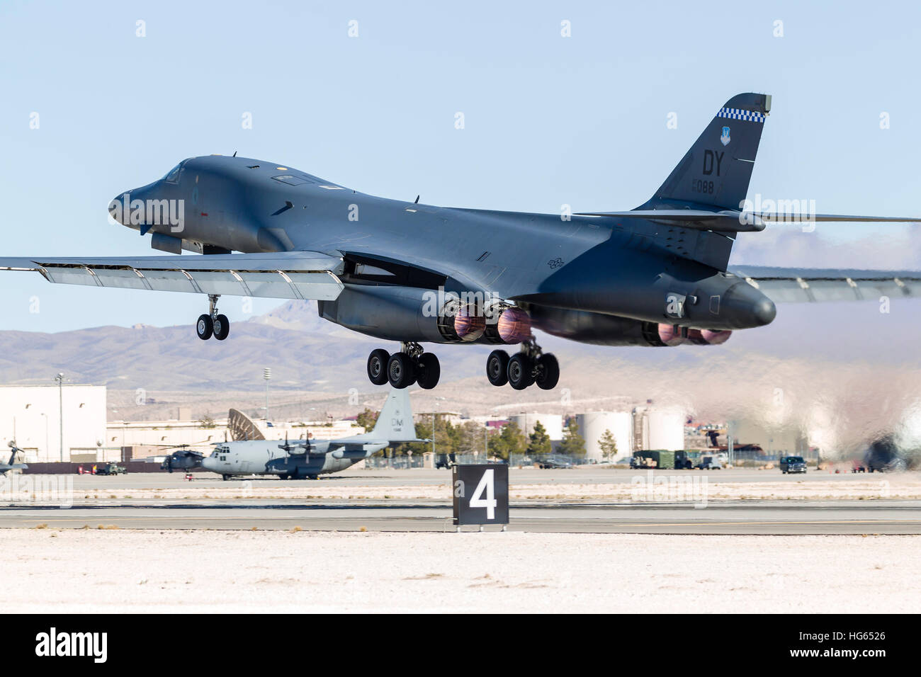 A B-1B Lancer of the U.S. Air Force takes off from Nellis Air Force Base, Nevada. Stock Photo