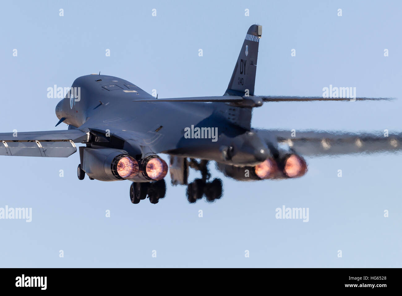 A B-1B Lancer of the U.S. Air Force taking off from Nellis Air Force Base, Nevada. Stock Photo