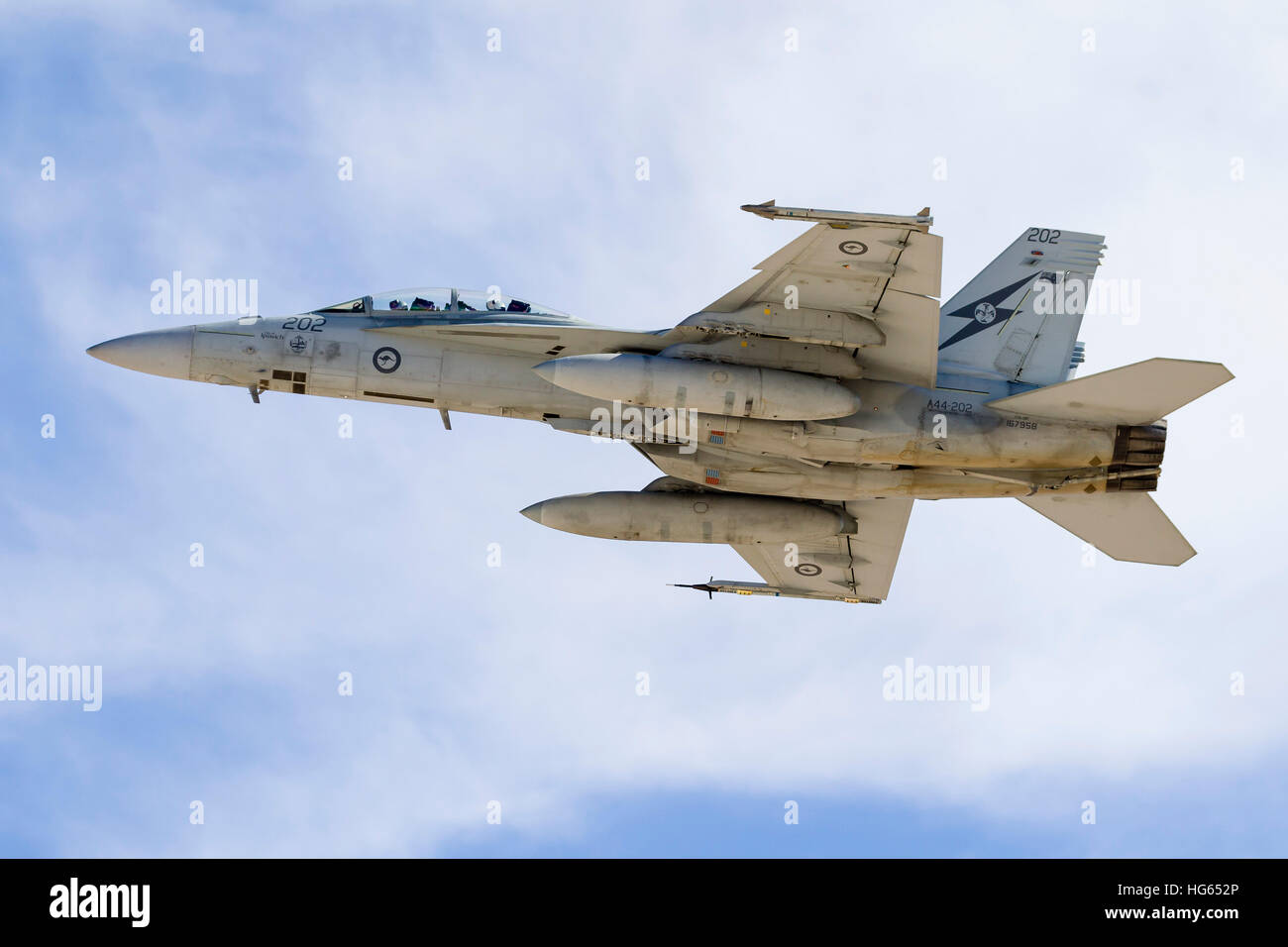 A Royal Australian Air Force F/A-18F Super Hornet taking off. Stock Photo