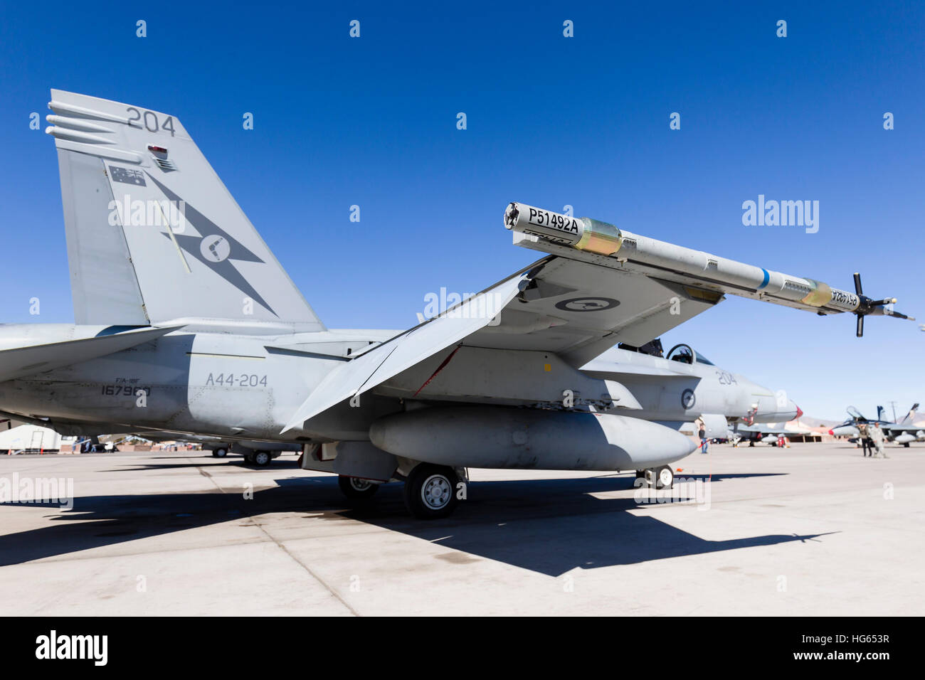 A Royal Australian Air Force F/A-18F Super Hornet awaits its next mission. Stock Photo