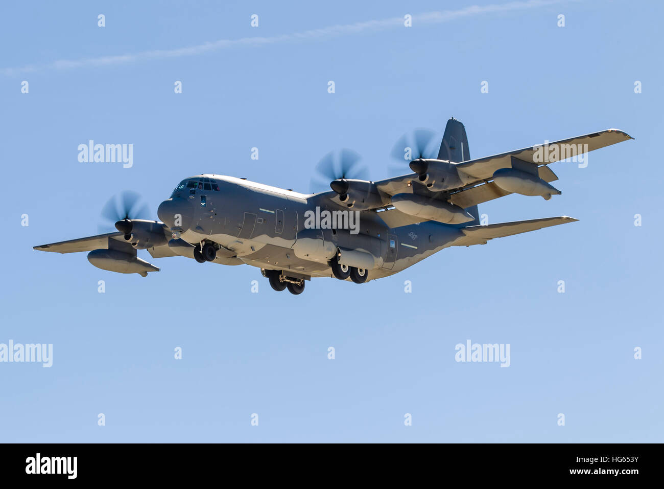 A U.S. Air Force HC-130J on final approach at Nellis Air Force Base ...