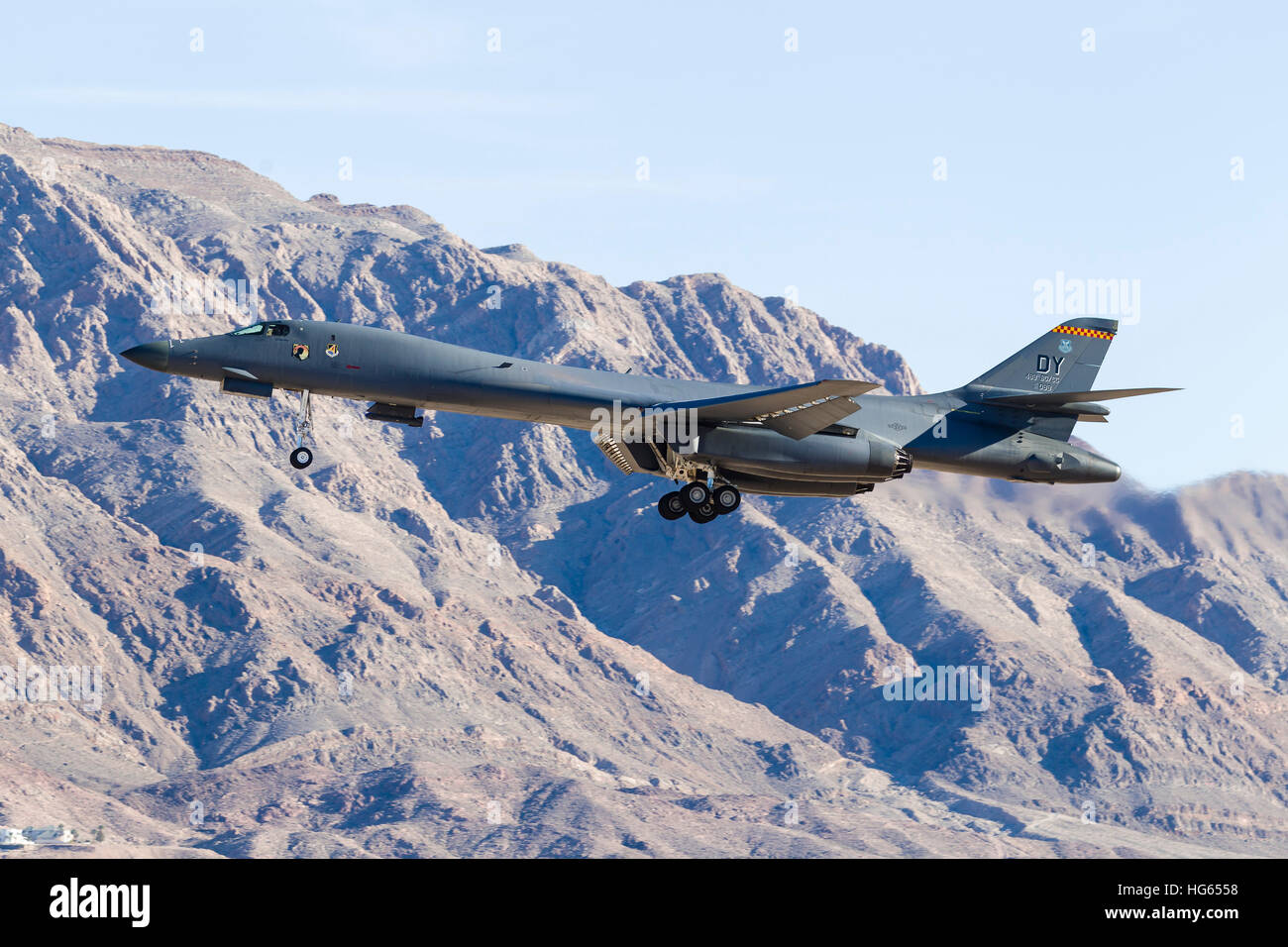 A U.S. Air Force B-1B Lancer on final approach to Nellis Air Force Base, Nevada. Stock Photo