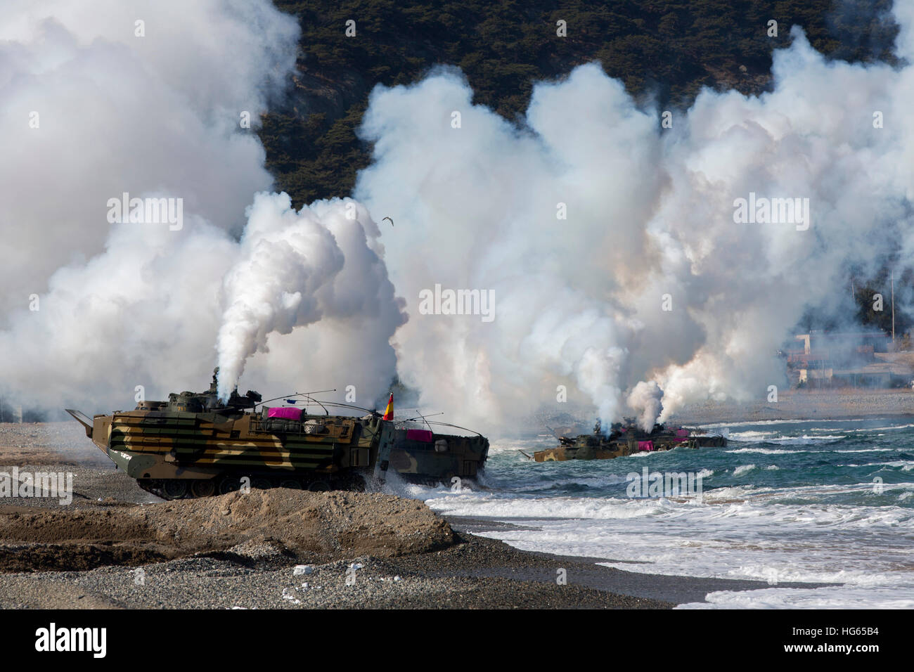 Korean amphibious assault vehicles land on Dogu Beach, South Korea. Stock Photo