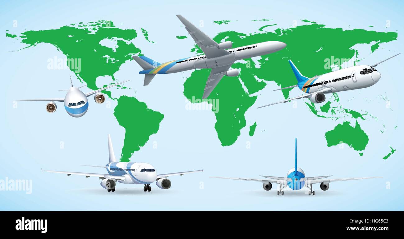 Five airplane flying around the world illustration Stock Vector Image ...