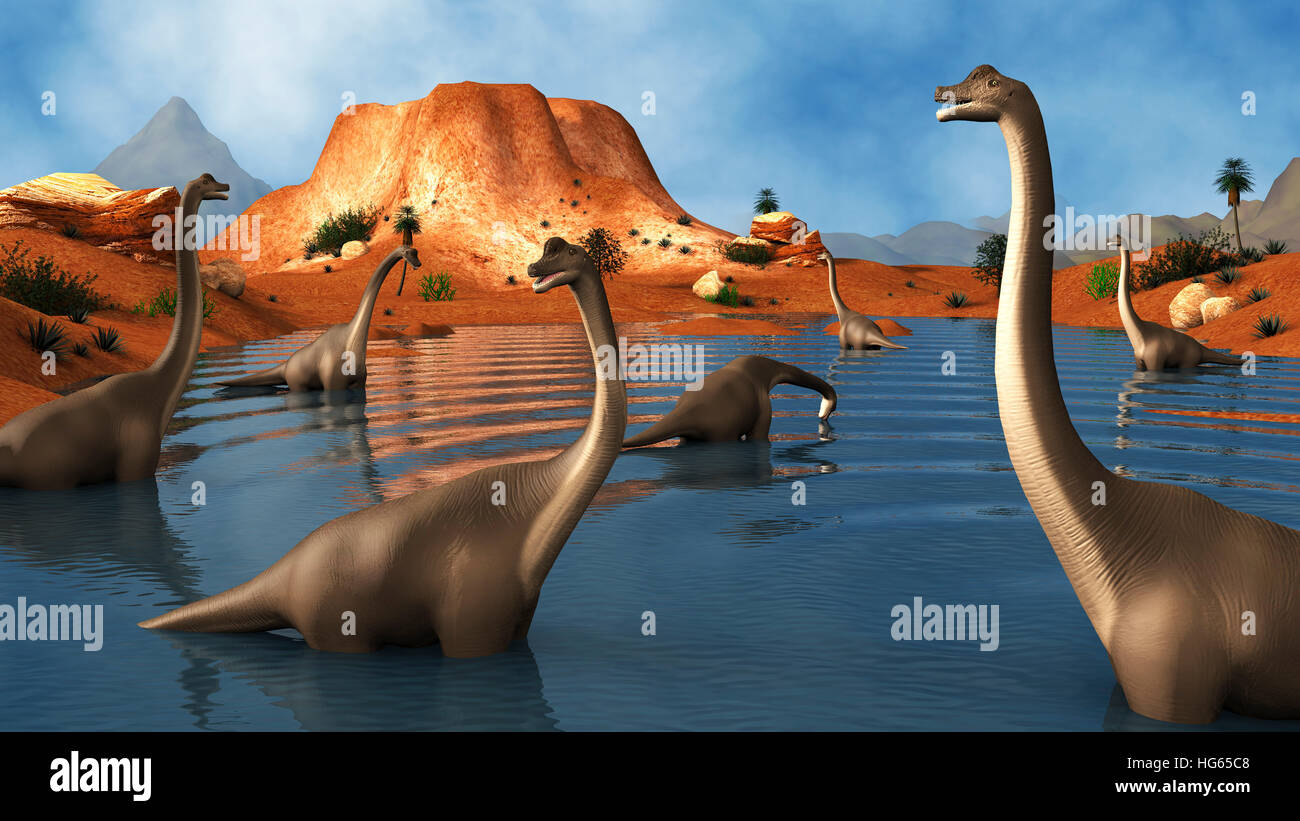 Brachiosaurus dinosaurs grazing in a prehistoric lake. Stock Photo