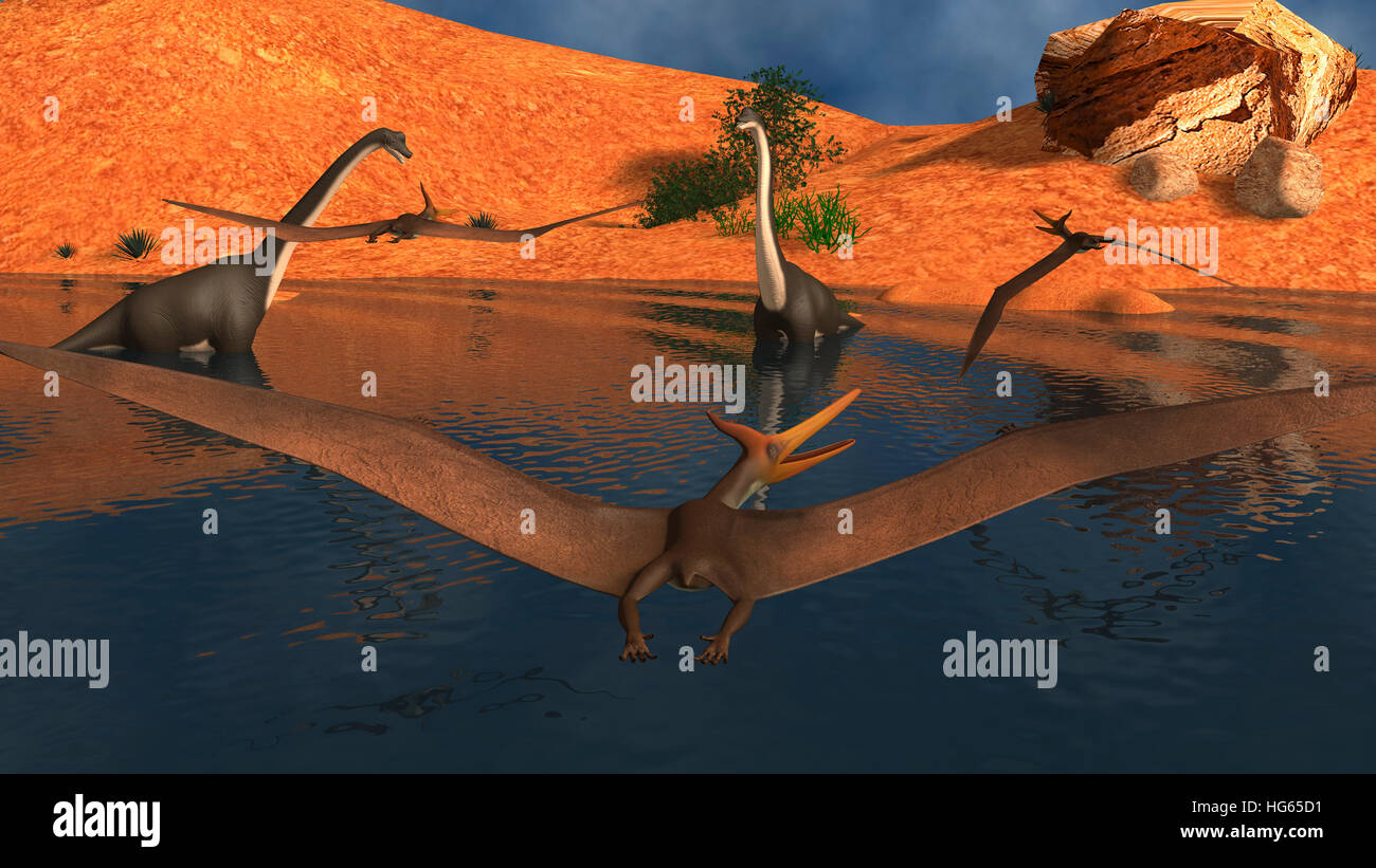 Pteranodon reptiles flying over a group of Brachiosaurus dinosaurs. Stock Photo