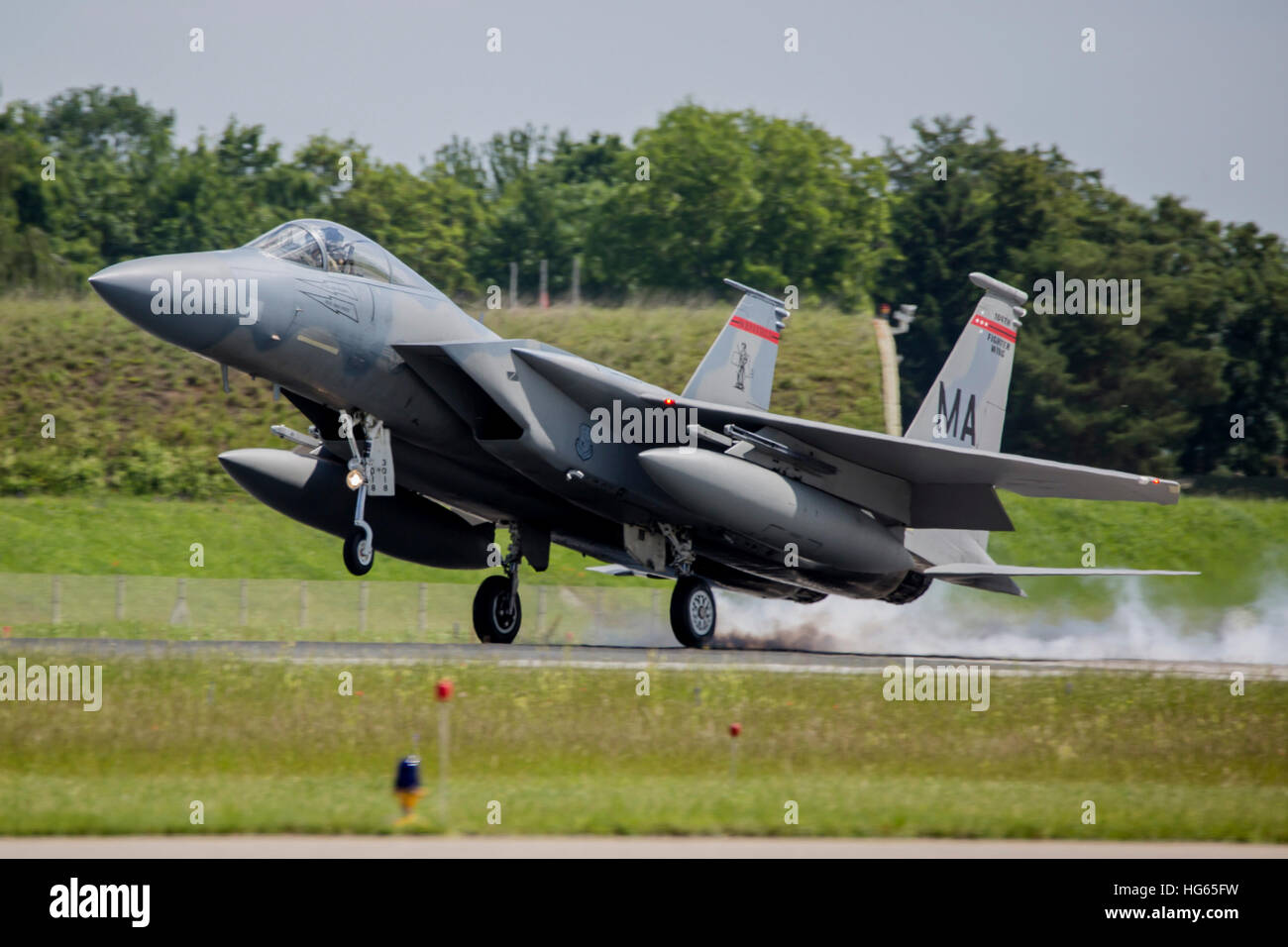 U.S. Air Force F-15C Eagle interceptor landing in Neuberg, Germany. Stock Photo