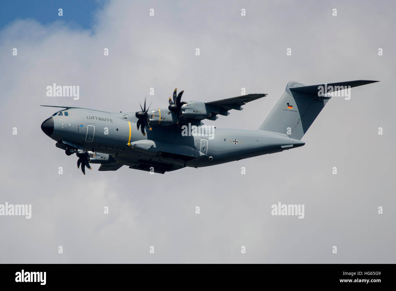 German Air Force Airbus A400M transport plane flying over Neuberg, Germany. Stock Photo