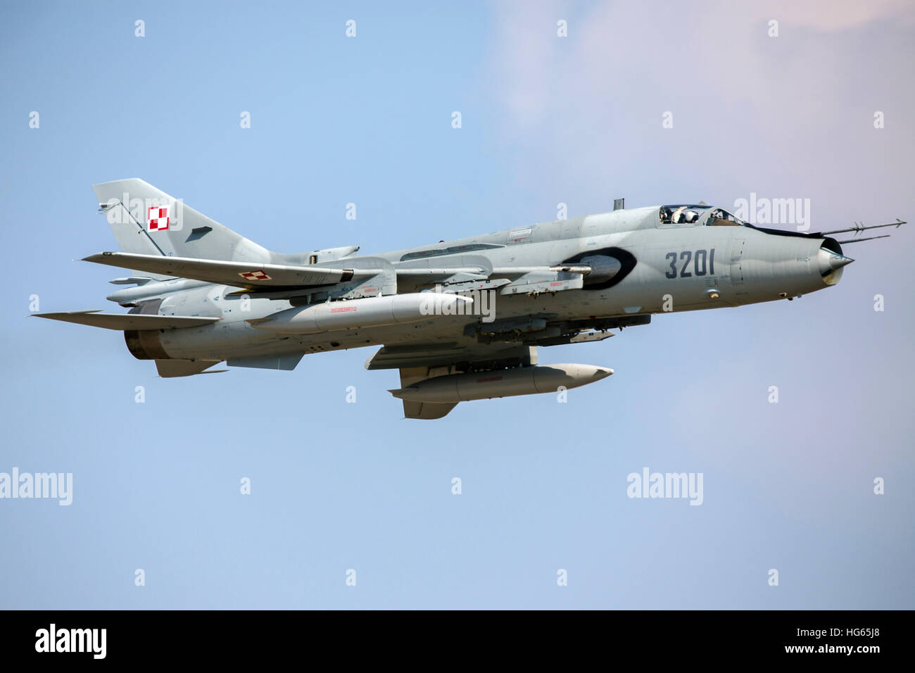 Polish Air Force Su-22 fighter-bomber in flight over the Czech Republic. Stock Photo
