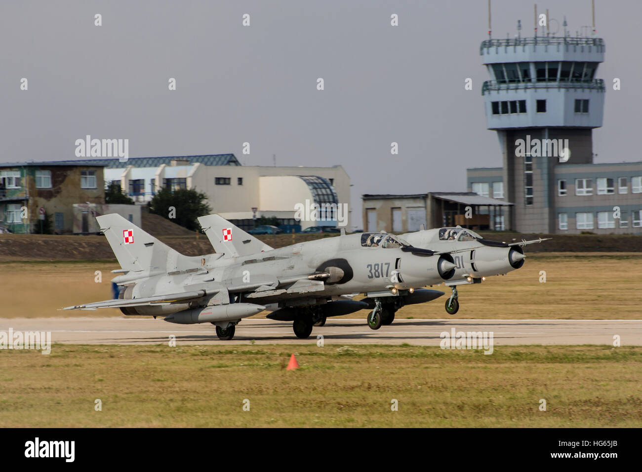 Two Polish Air Force Su-22 fighter-bombers at a NATO exercise. Stock Photo