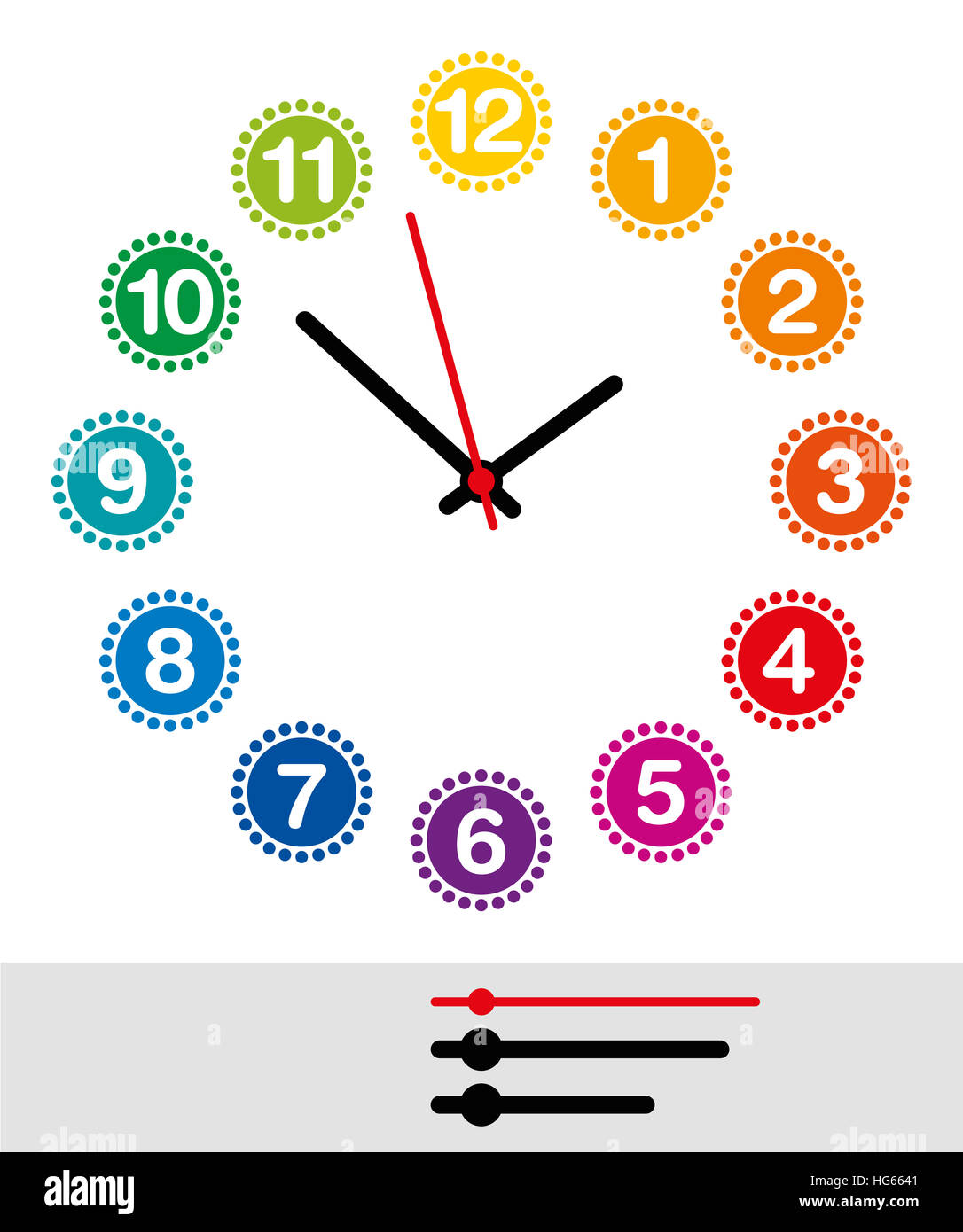 Rainbow colored clock face with numerals one to twelve. Analog clock and watch dial with black and red pointers. Stock Photo