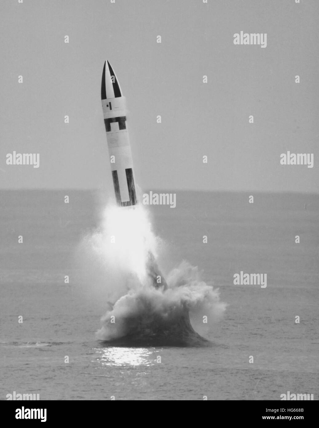 Underwater firing of the Polaris A3 missile by a submarine. circa 1960 Stock Photo