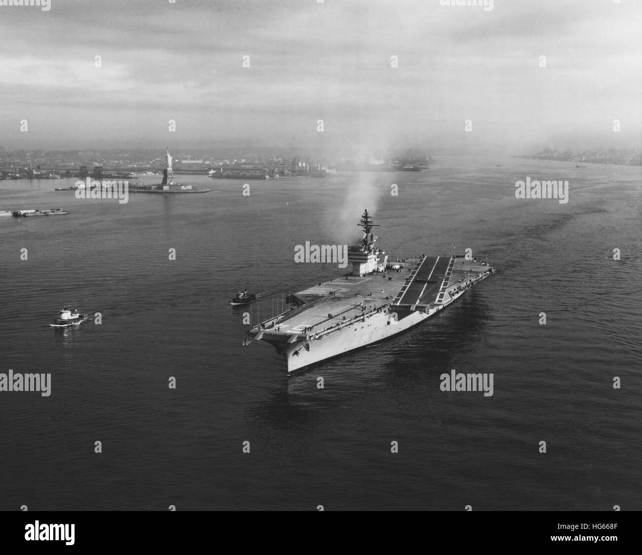 USS Constellation leaving New York Harbor for builder's trials, 1961. Stock Photo