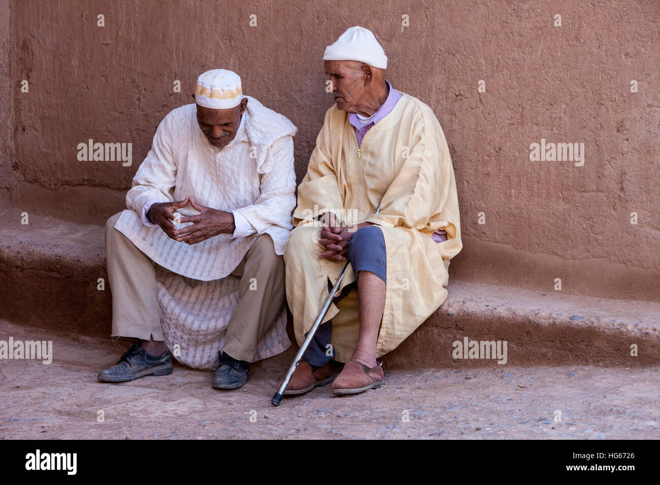 Elkhorbat, Morocco.  Two Elderly Berber Men Talking. Stock Photo