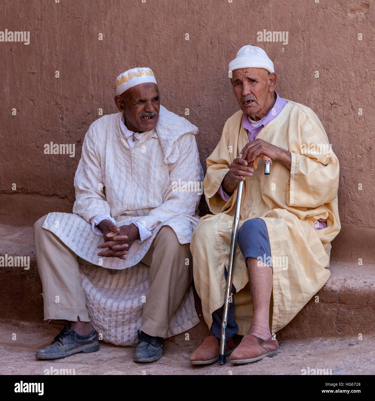 Elkhorbat, Morocco.  Two Elderly Berber Men Talking. Stock Photo