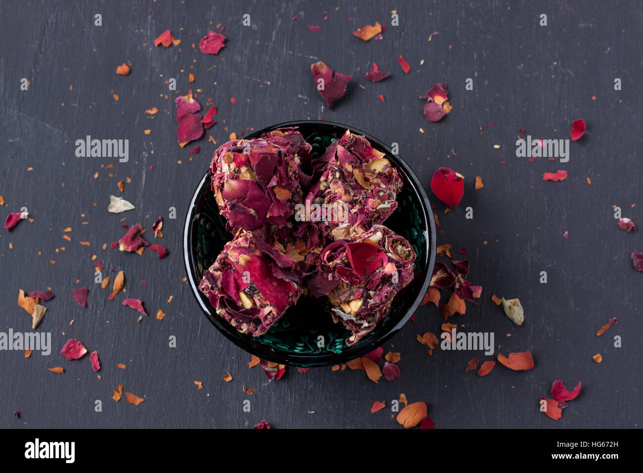 Turkish delight with rose leaves Stock Photo