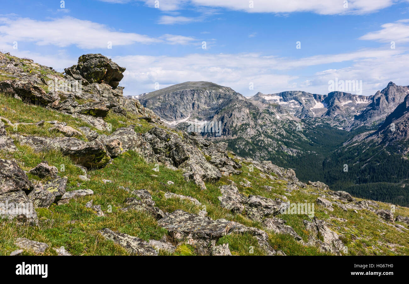 The Rocky Mountains with large boulders on a bright summer day near Estes Park, Colorado, USA. Stock Photo